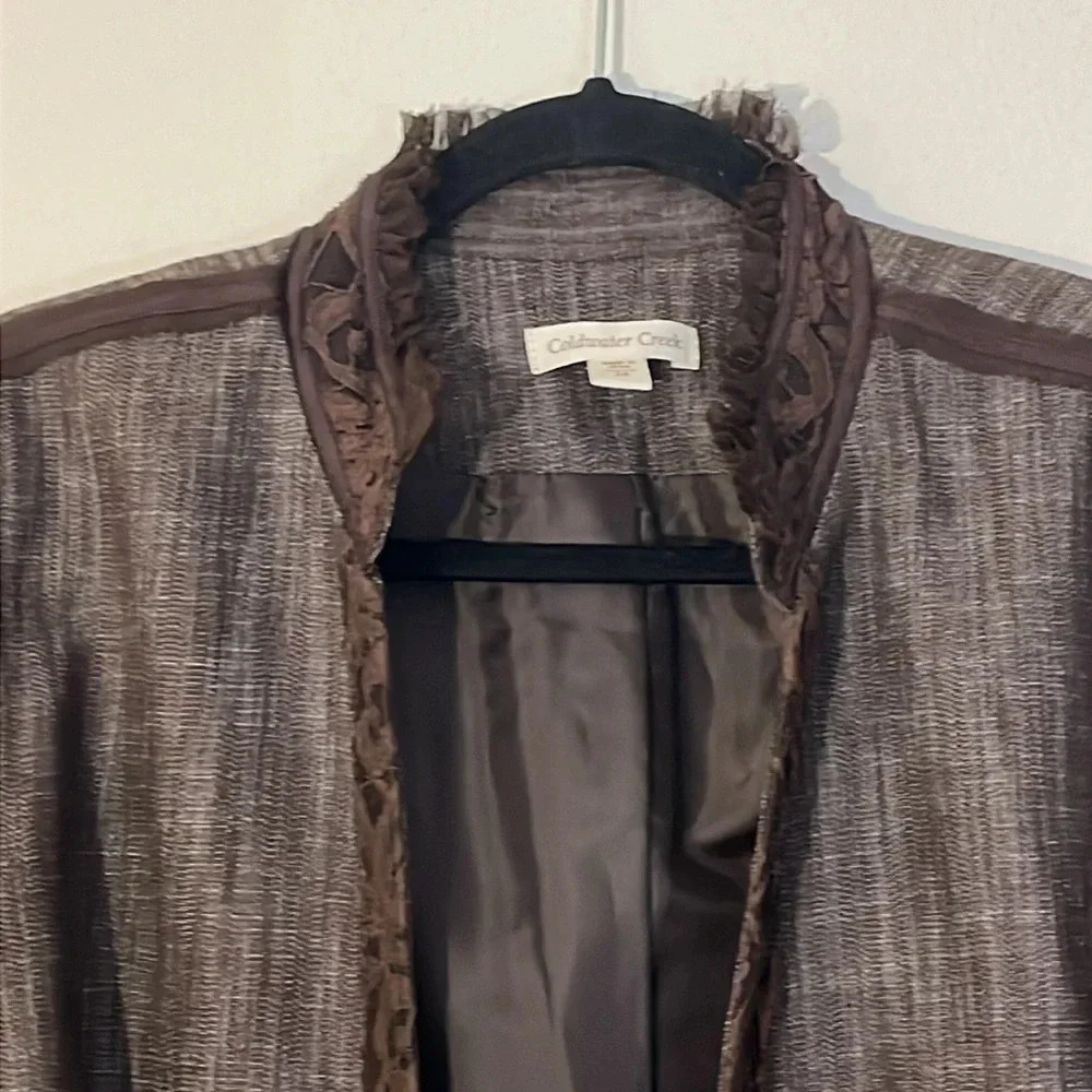 Coldwater Creek | Brown jacket/blazer with lace trim Women’s size 24 linen look - Picture 3 of 11